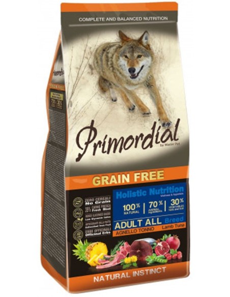 Croquettes sans céréales pour chien adulte goût thon et agneau - Primordial sac de 2kg